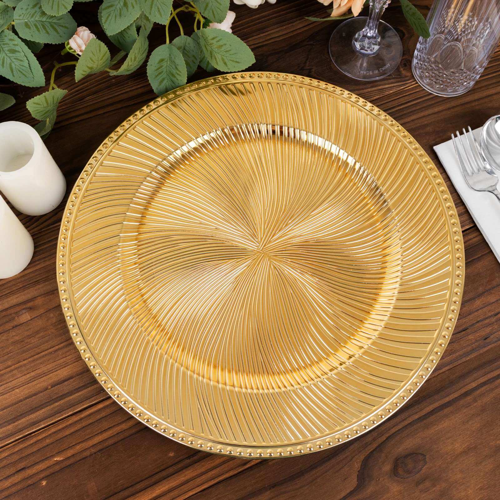 6 - Pack Acrylic Round Charger Plates 13" in Metallic Gold Swirl Pattern with Beaded Rim, Plastic Decorative Dinner Party Charger Tableware - Bell Racket Store