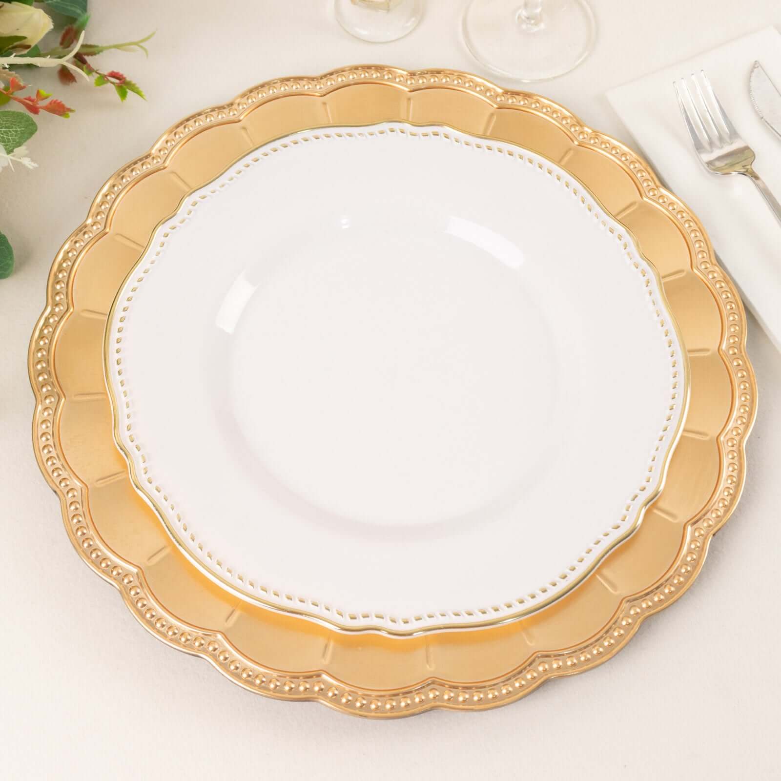 6 - Pack Acrylic Round Charger Plates 13" in Metallic Gold with Beaded Sunflower Rim, Plastic Dinner Party Charger Tableware - Bell Racket Store
