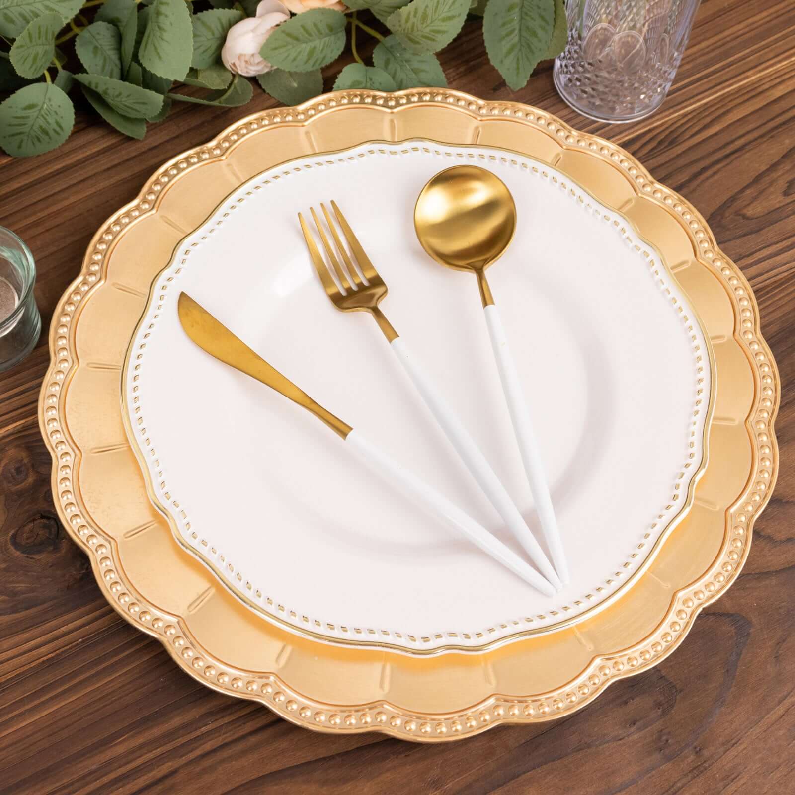 6 - Pack Acrylic Round Charger Plates 13" in Metallic Gold with Beaded Sunflower Rim, Plastic Dinner Party Charger Tableware - Bell Racket Store