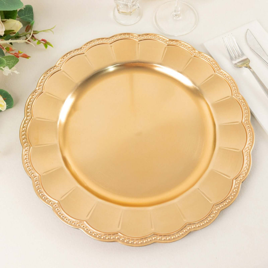6 - Pack Acrylic Round Charger Plates 13" in Metallic Gold with Beaded Sunflower Rim, Plastic Dinner Party Charger Tableware - Bell Racket Store