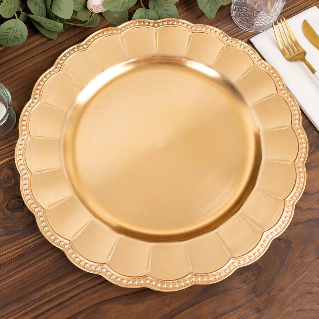 6 - Pack Acrylic Round Charger Plates 13" in Metallic Gold with Beaded Sunflower Rim, Plastic Dinner Party Charger Tableware - Bell Racket Store