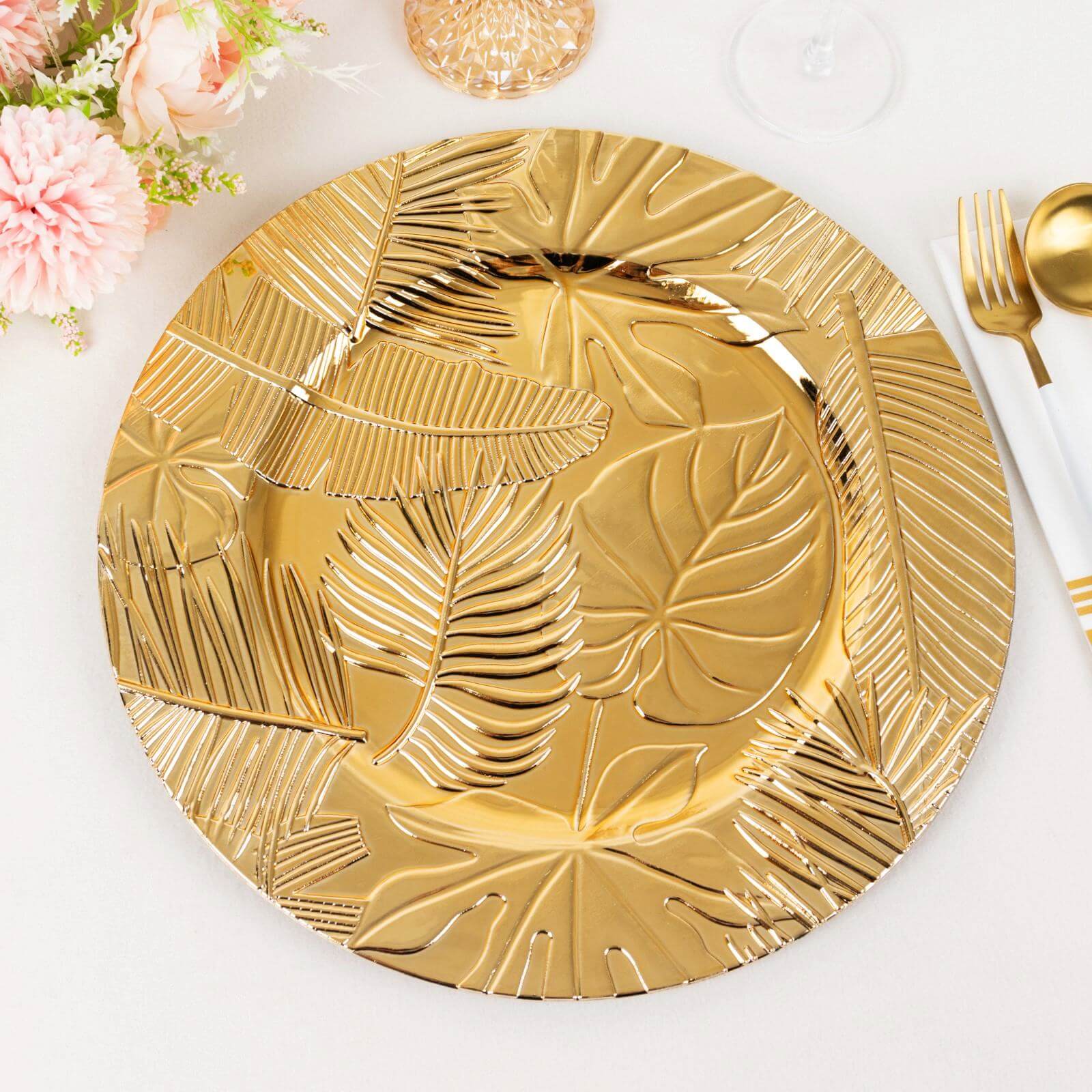 6 - Pack Acrylic Round Charger Plates 13" in Metallic Gold with Embossed Tropical Leaves, Decorative Dinner Charger Tableware - Bell Racket Store