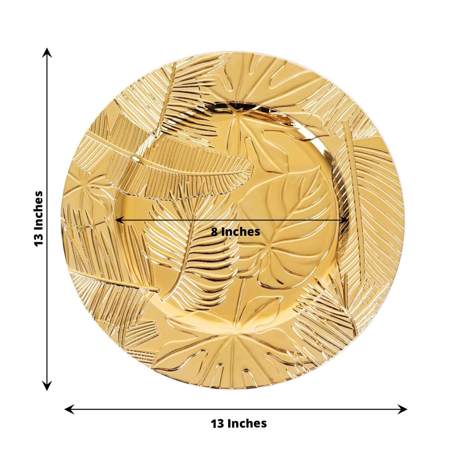 6 - Pack Acrylic Round Charger Plates 13" in Metallic Gold with Embossed Tropical Leaves, Decorative Dinner Charger Tableware - Bell Racket Store