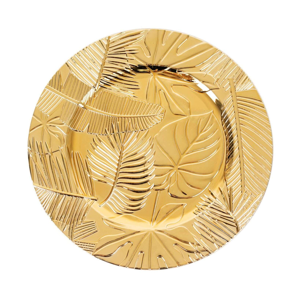 6 - Pack Acrylic Round Charger Plates 13" in Metallic Gold with Embossed Tropical Leaves, Decorative Dinner Charger Tableware - Bell Racket Store