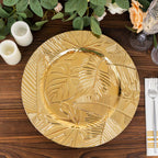6 - Pack Acrylic Round Charger Plates 13" in Metallic Gold with Embossed Tropical Leaves, Decorative Dinner Charger Tableware - Bell Racket Store
