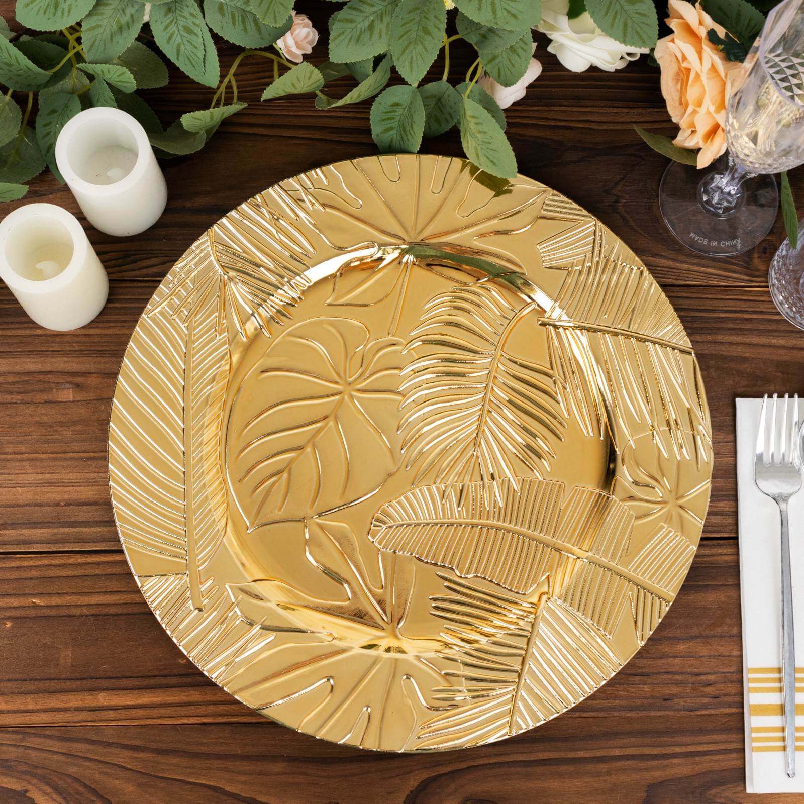 6 - Pack Acrylic Round Charger Plates 13" in Metallic Gold with Embossed Tropical Leaves, Decorative Dinner Charger Tableware - Bell Racket Store