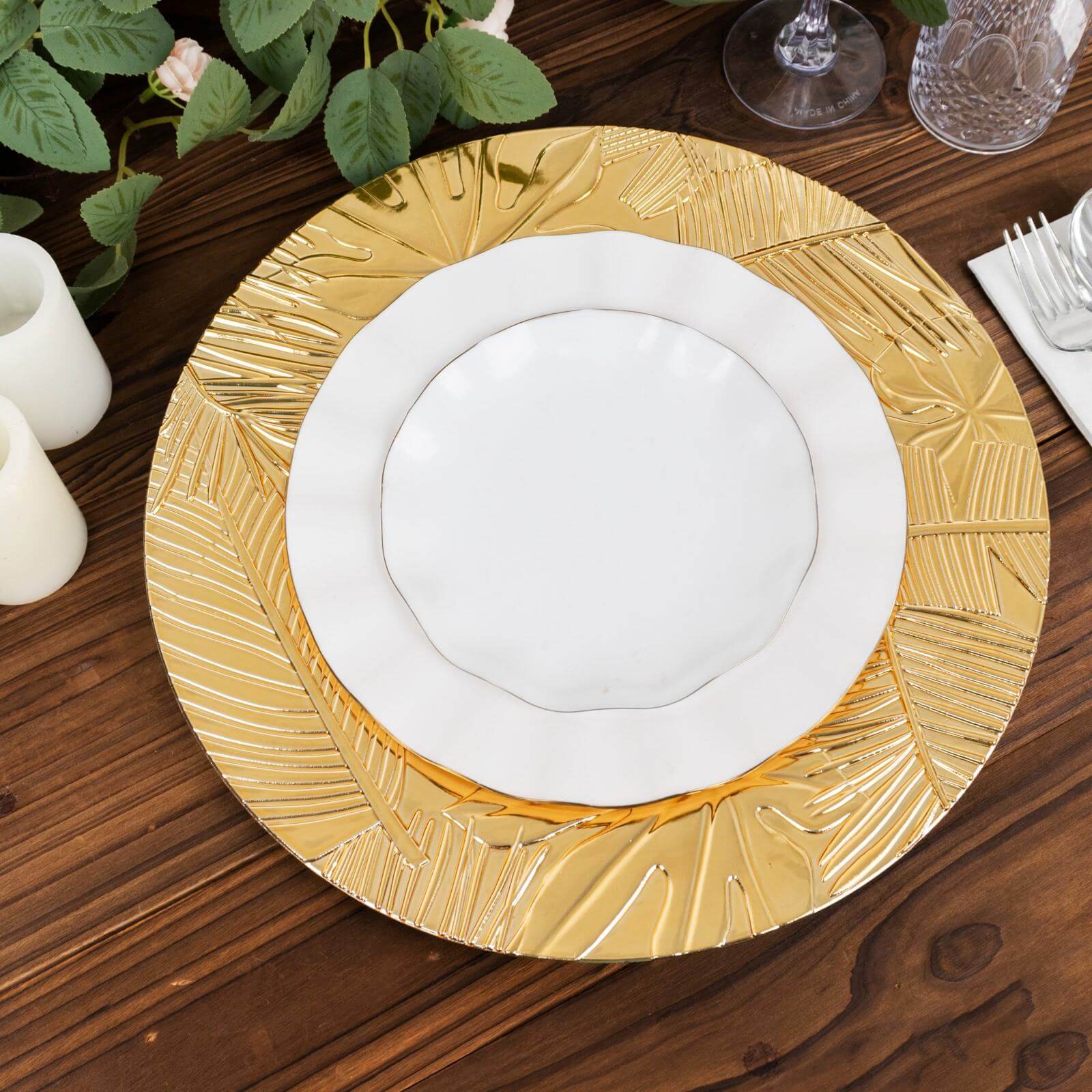6 - Pack Acrylic Round Charger Plates 13" in Metallic Gold with Embossed Tropical Leaves, Decorative Dinner Charger Tableware - Bell Racket Store