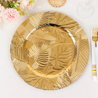 6 - Pack Acrylic Round Charger Plates 13" in Metallic Gold with Embossed Tropical Leaves, Decorative Dinner Charger Tableware - Bell Racket Store