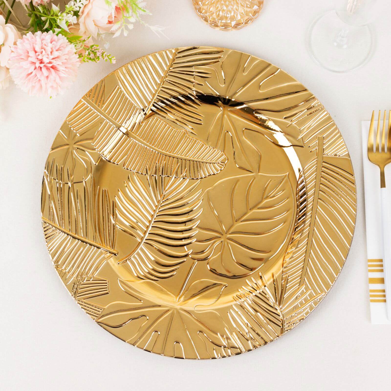 6 - Pack Acrylic Round Charger Plates 13" in Metallic Gold with Embossed Tropical Leaves, Decorative Dinner Charger Tableware - Bell Racket Store
