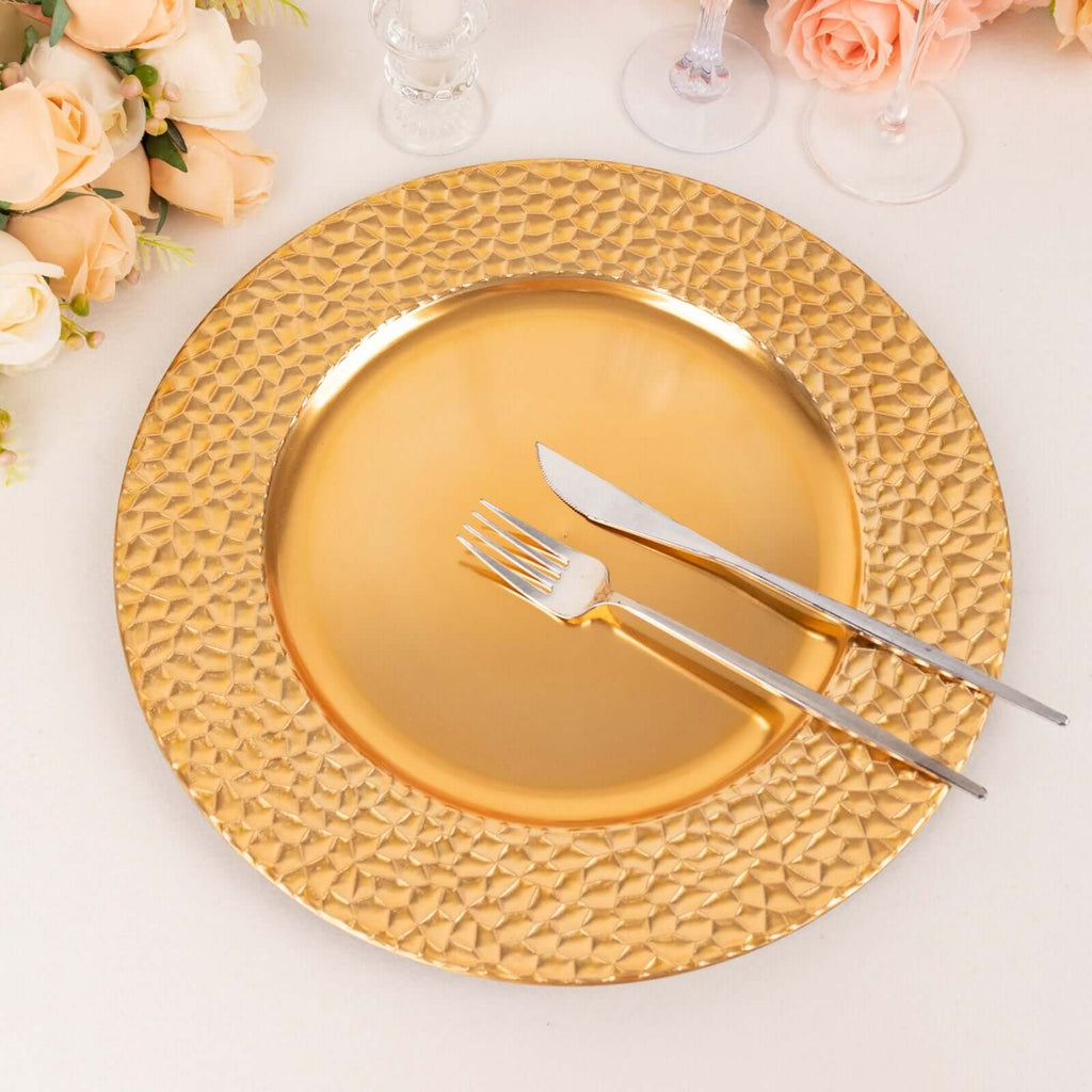 6 - Pack Acrylic Round Charger Plates 13" in Metallic Gold with Hammered Rim, Plastic Decorative Dinner Party Charger Tableware - Bell Racket Store