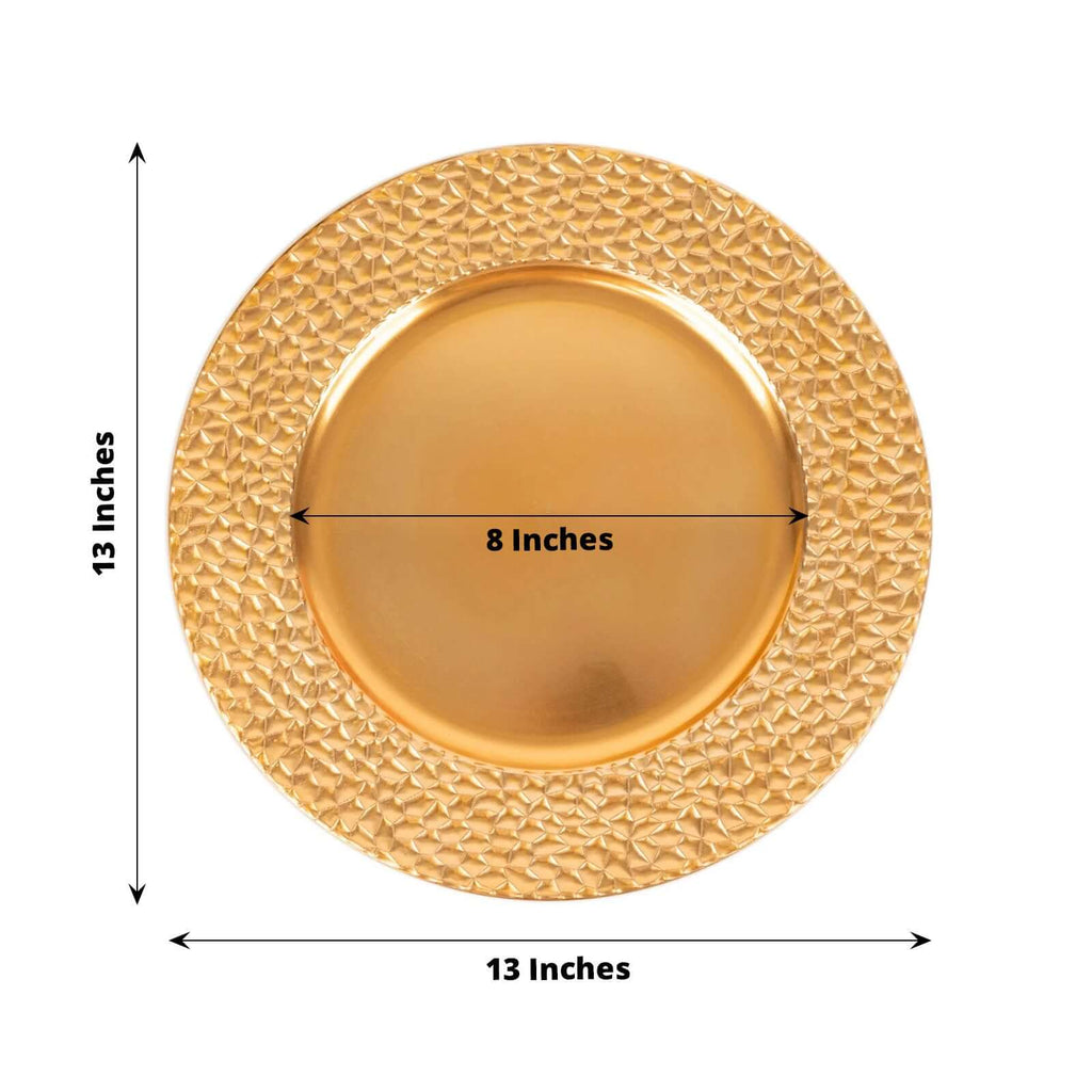 6 - Pack Acrylic Round Charger Plates 13" in Metallic Gold with Hammered Rim, Plastic Decorative Dinner Party Charger Tableware - Bell Racket Store