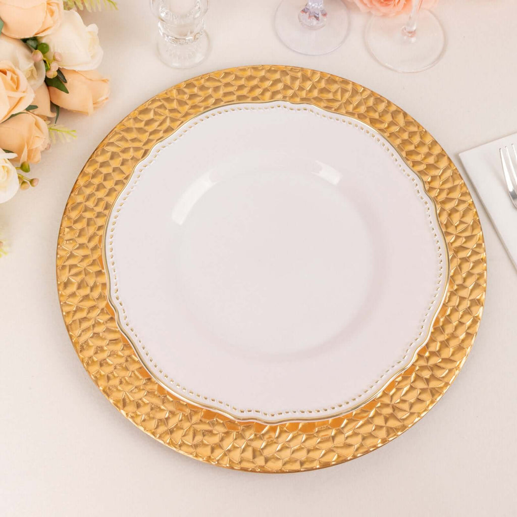 6 - Pack Acrylic Round Charger Plates 13" in Metallic Gold with Hammered Rim, Plastic Decorative Dinner Party Charger Tableware - Bell Racket Store