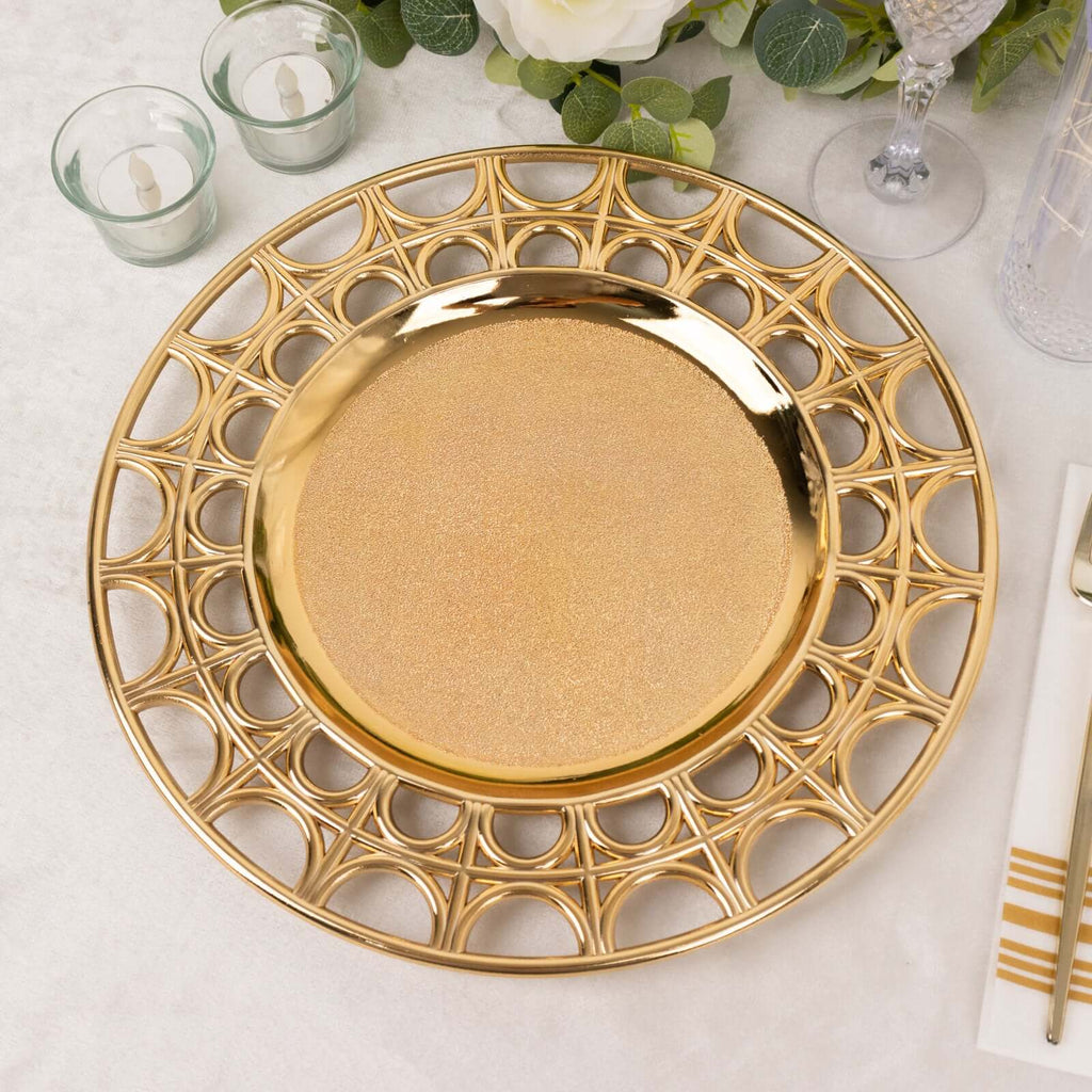 6 - Pack Acrylic Round Charger Plates 13" in Metallic Gold with Hollow Semi Circle Rim, Plastic Decorative Charger Tableware - Bell Racket Store
