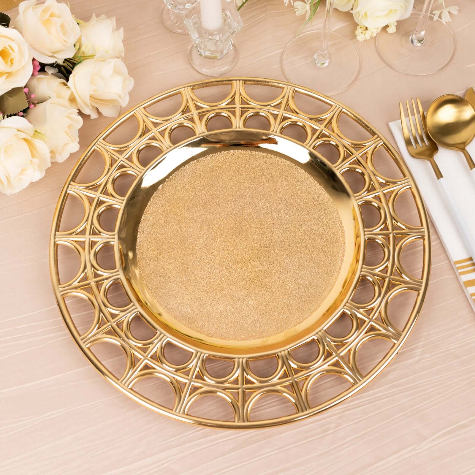 6 - Pack Acrylic Round Charger Plates 13" in Metallic Gold with Hollow Semi Circle Rim, Plastic Decorative Charger Tableware - Bell Racket Store