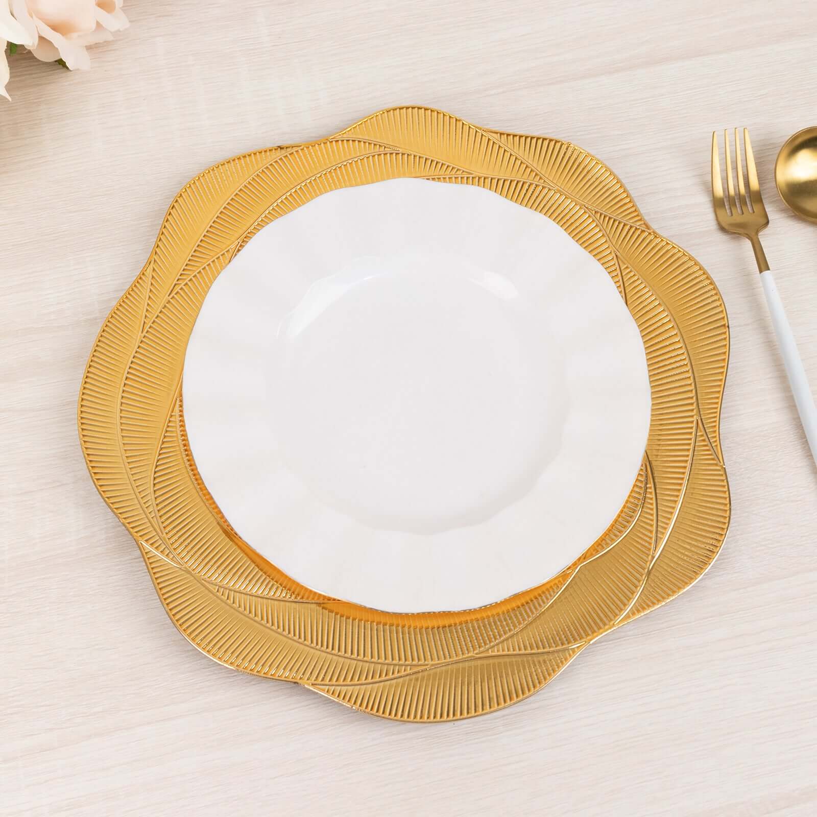 6 - Pack Acrylic Round Charger Plates 13" in Metallic Gold with Ribbed Rose Pattern, Event Tabletop Decorative Charger Tableware - Bell Racket Store