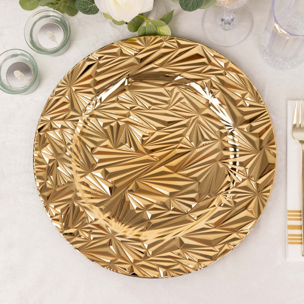 6 - Pack Acrylic Round Charger Plates 13" in Metallic Gold with Rock Cut Design, Durable Plastic Dinner Charger Tableware - Bell Racket Store
