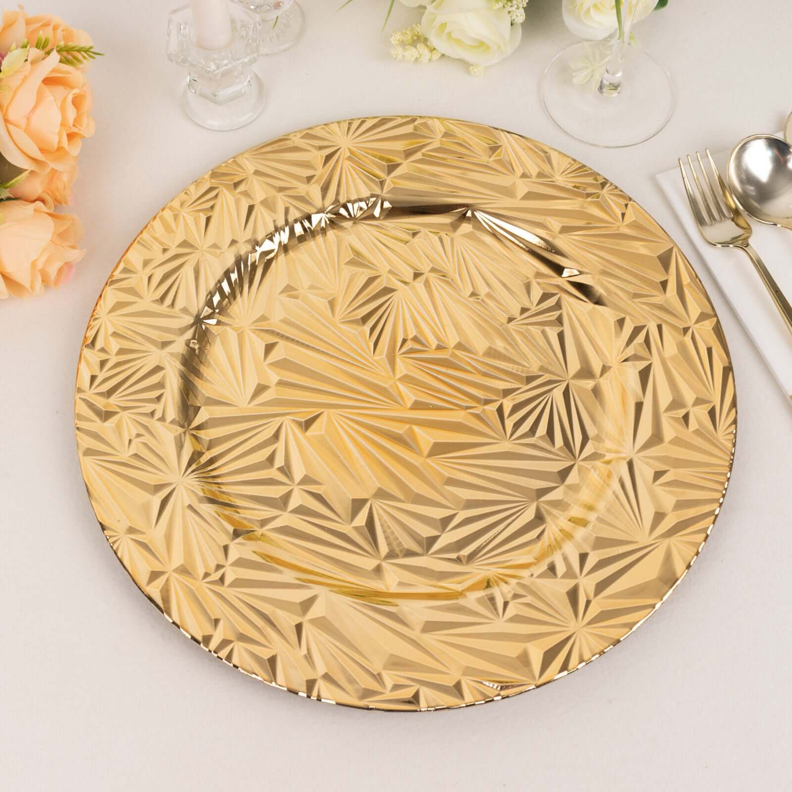 6 - Pack Acrylic Round Charger Plates 13" in Metallic Gold with Rock Cut Design, Durable Plastic Dinner Charger Tableware - Bell Racket Store
