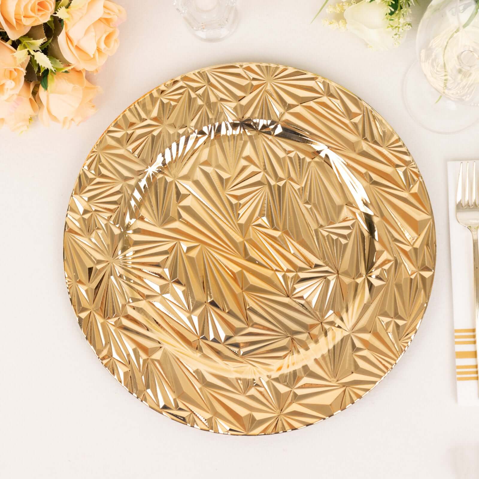 6 - Pack Acrylic Round Charger Plates 13" in Metallic Gold with Rock Cut Design, Durable Plastic Dinner Charger Tableware - Bell Racket Store
