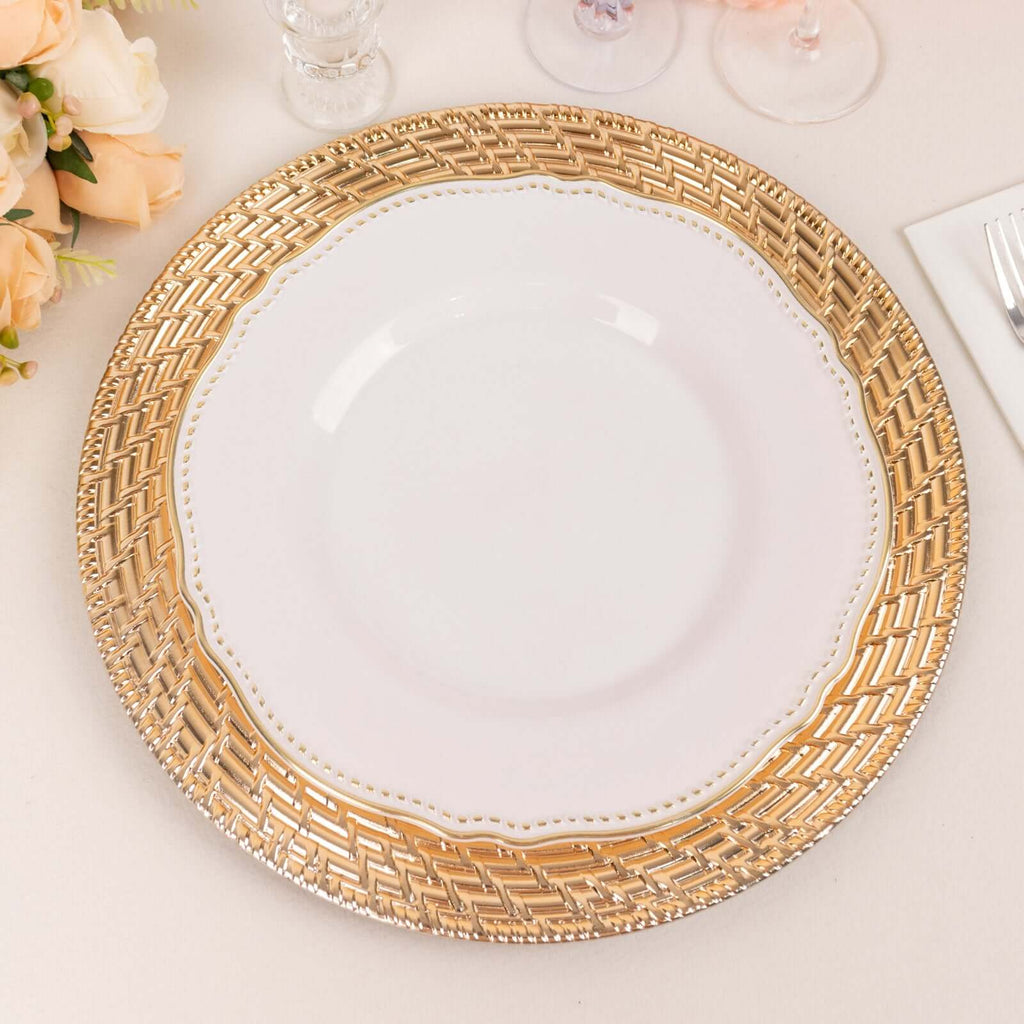 6 - Pack Acrylic Round Charger Plates 13" in Metallic Gold with Swirl Rattan Pattern, Farmhouse Plastic Charger Tableware - Bell Racket Store