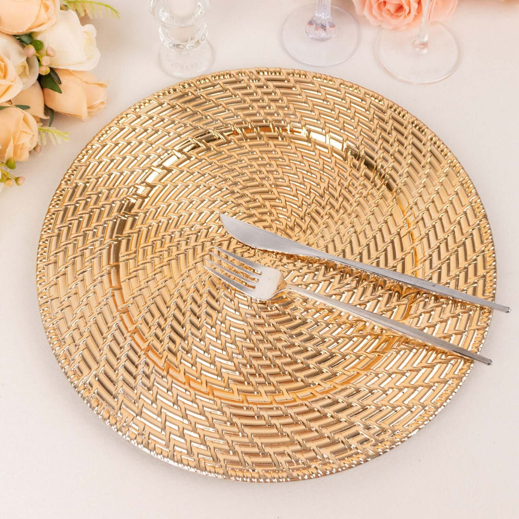 6 - Pack Acrylic Round Charger Plates 13" in Metallic Gold with Swirl Rattan Pattern, Farmhouse Plastic Charger Tableware - Bell Racket Store