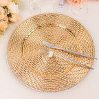 6 - Pack Acrylic Round Charger Plates 13" in Metallic Gold with Swirl Rattan Pattern, Farmhouse Plastic Charger Tableware - Bell Racket Store