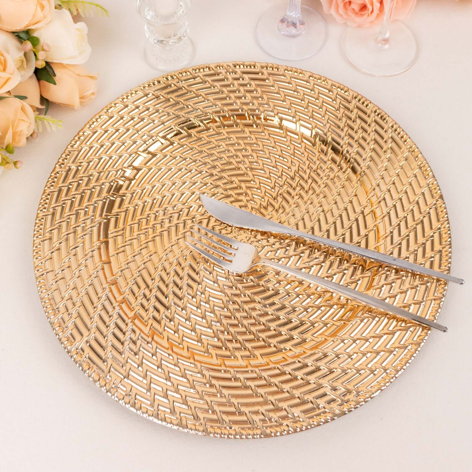 6 - Pack Acrylic Round Charger Plates 13" in Metallic Gold with Swirl Rattan Pattern, Farmhouse Plastic Charger Tableware - Bell Racket Store