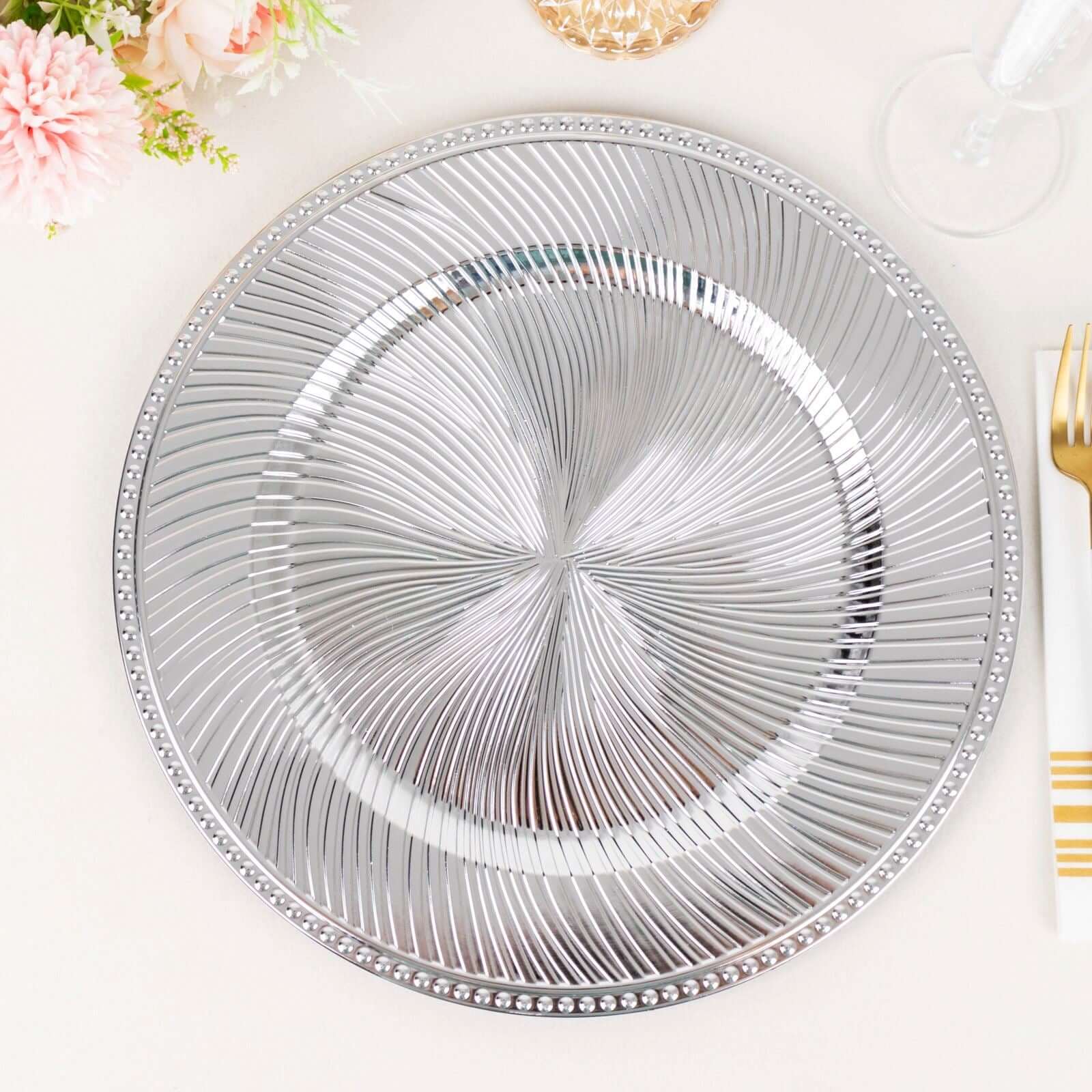 6 - Pack Acrylic Round Charger Plates 13" in Metallic Silver Swirl Pattern with Beaded Rim, Plastic Decorative Dinner Party Charger Tableware - Bell Racket Store