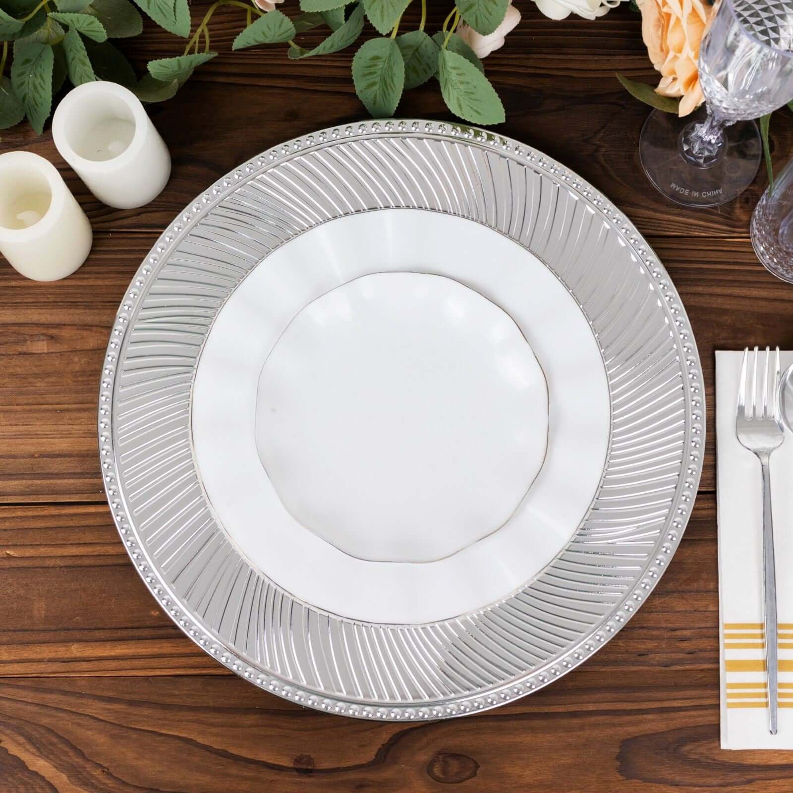 6 - Pack Acrylic Round Charger Plates 13" in Metallic Silver Swirl Pattern with Beaded Rim, Plastic Decorative Dinner Party Charger Tableware - Bell Racket Store