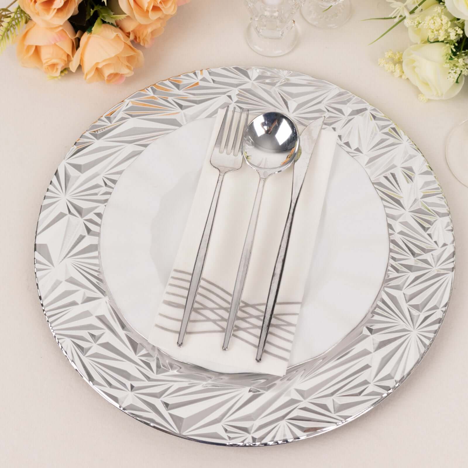 6 - Pack Acrylic Round Charger Plates 13" in Metallic Silver with Rock Cut Design, Durable Plastic Dinner Charger Tableware - Bell Racket Store