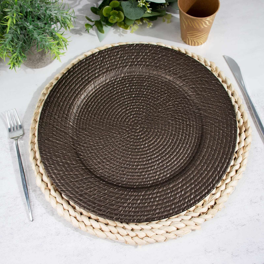 6 - Pack Acrylic Round Charger Plates 13" in Natural Brown with Rattan - Like Design, Farmhouse Disposable Plastic Charger Tableware - Bell Racket Store