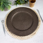 6 - Pack Acrylic Round Charger Plates 13" in Natural Brown with Rattan - Like Design, Farmhouse Disposable Plastic Charger Tableware - Bell Racket Store