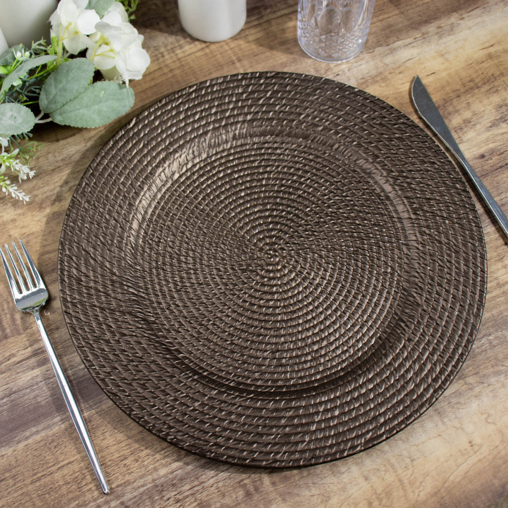 6 - Pack Acrylic Round Charger Plates 13" in Natural Brown with Rattan - Like Design, Farmhouse Disposable Plastic Charger Tableware - Bell Racket Store