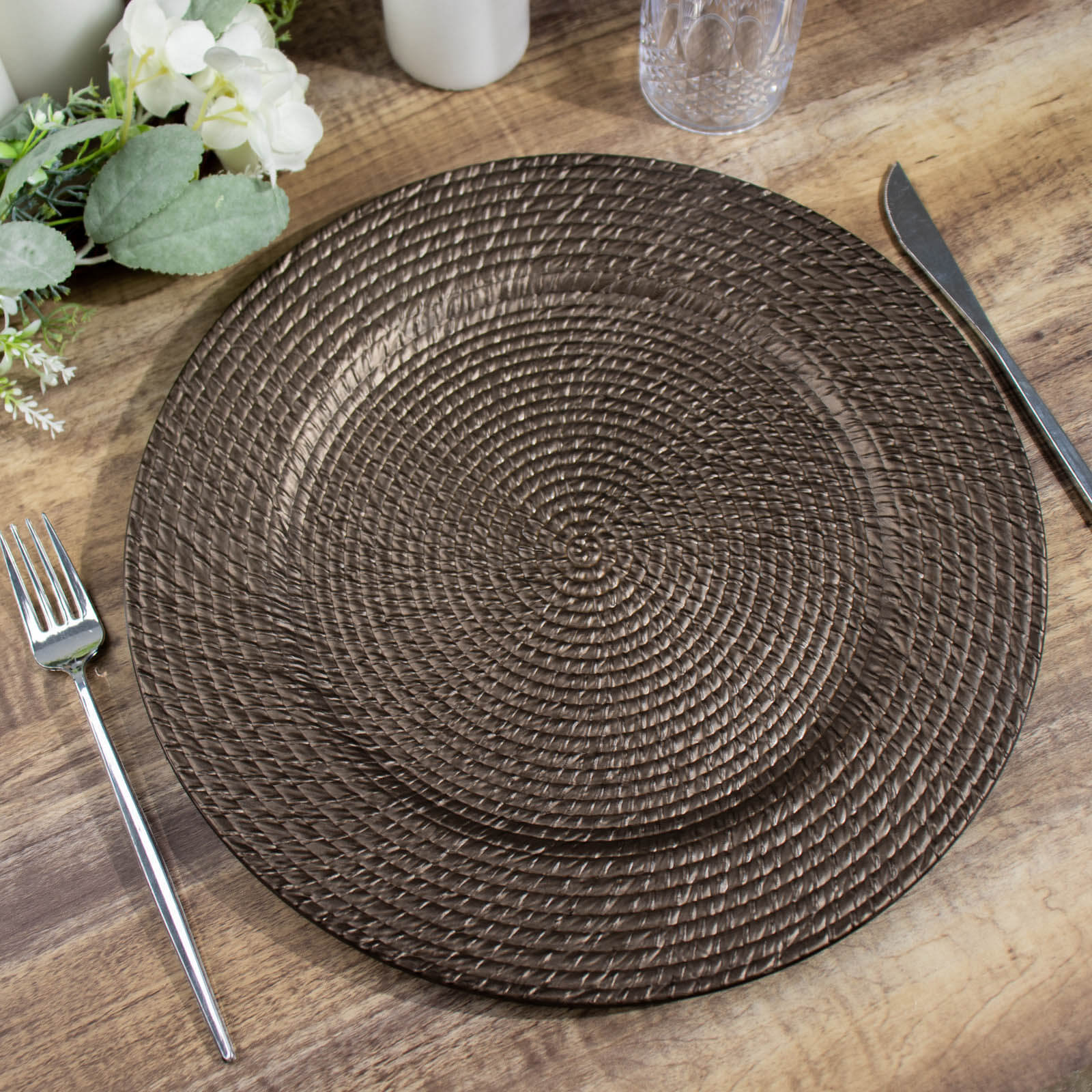 6 - Pack Acrylic Round Charger Plates 13" in Natural Brown with Rattan - Like Design, Farmhouse Disposable Plastic Charger Tableware - Bell Racket Store