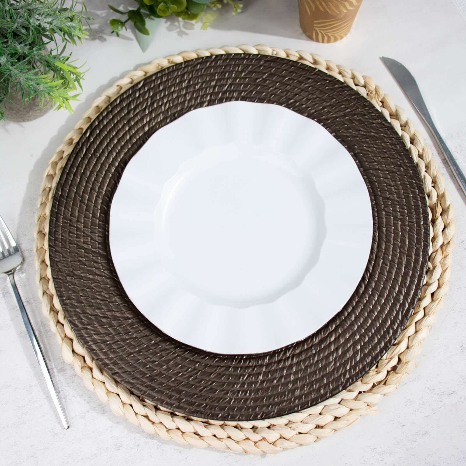 6 - Pack Acrylic Round Charger Plates 13" in Natural Brown with Rattan - Like Design, Farmhouse Disposable Plastic Charger Tableware - Bell Racket Store