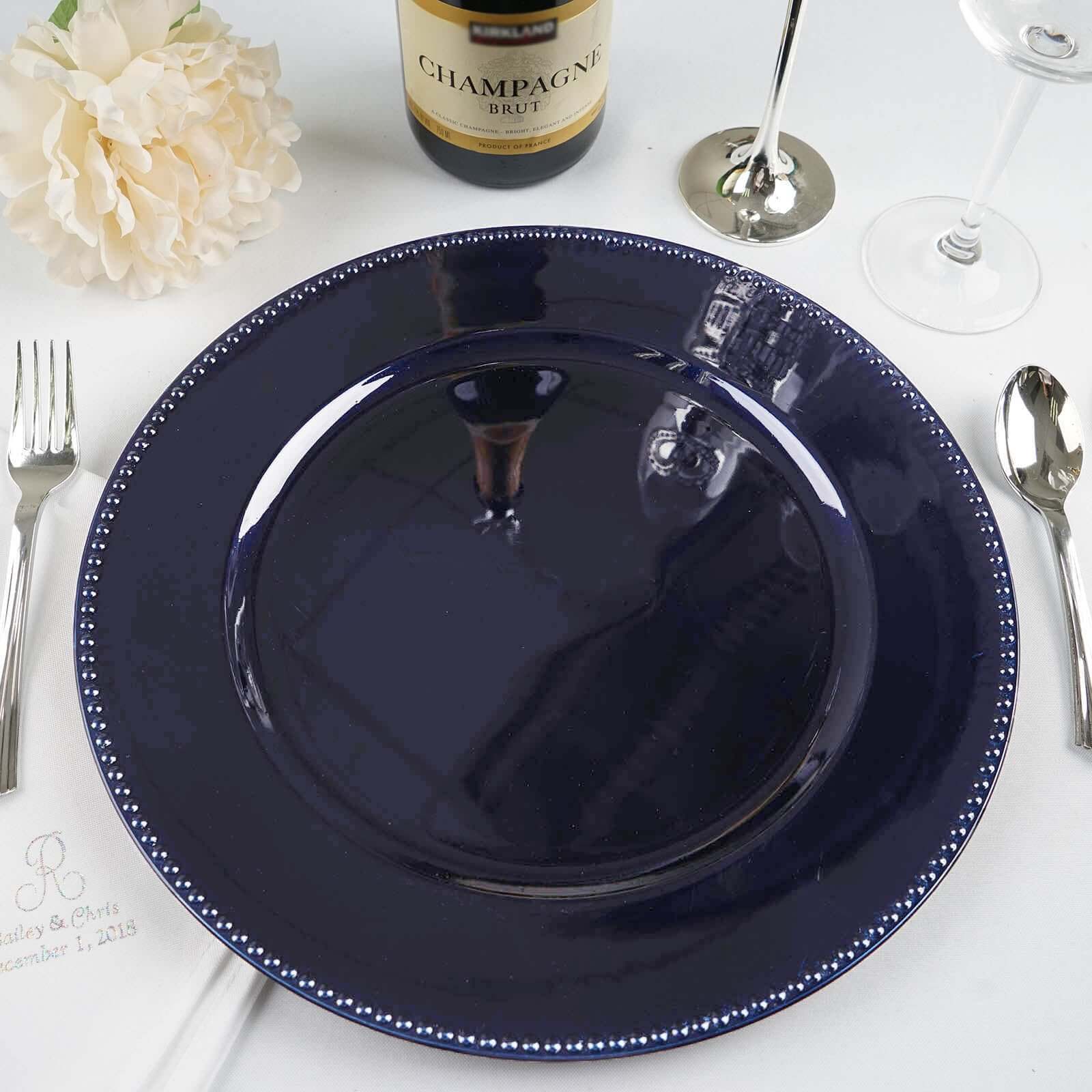 6-Pack Acrylic Round Charger Plates 13" in Navy Blue with Beaded Rim, Dinner Charger Event Tabletop Decor