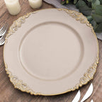 6-Pack Acrylic Round Charger Plates 13" in Nude Taupe with Gold Embossed Baroque Rim, Antique Decorative Dinner Party Charger Tableware