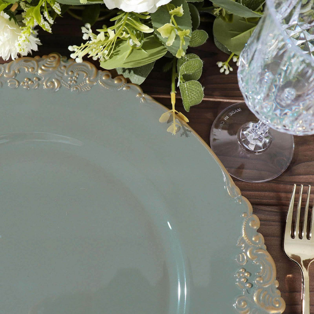 6 - Pack Acrylic Round Charger Plates 13" in Olive Green with Gold Embossed Baroque Rim, Antique Decorative Dinner Party Charger Tableware - Bell Racket Store