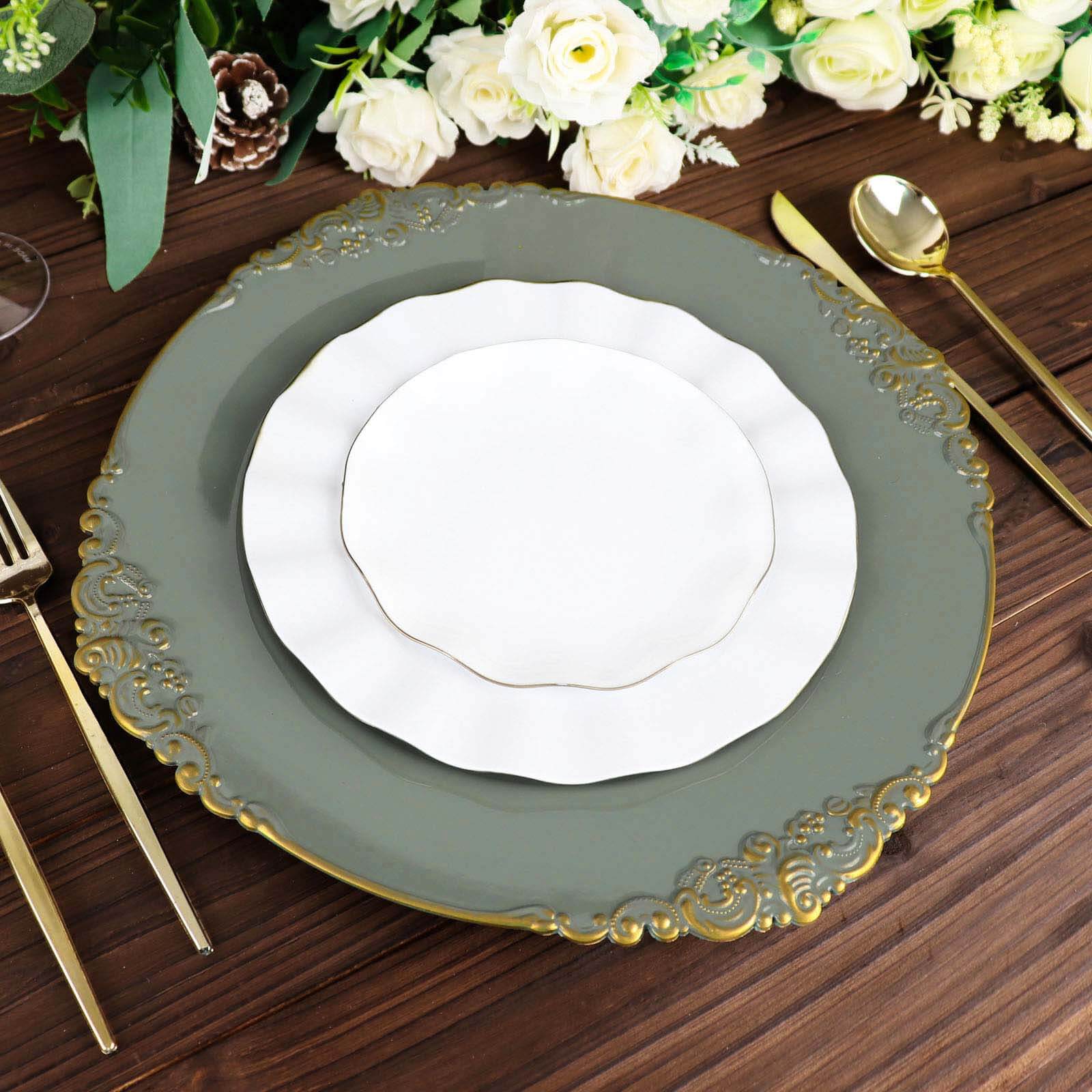 6 - Pack Acrylic Round Charger Plates 13" in Olive Green with Gold Embossed Baroque Rim, Antique Decorative Dinner Party Charger Tableware - Bell Racket Store