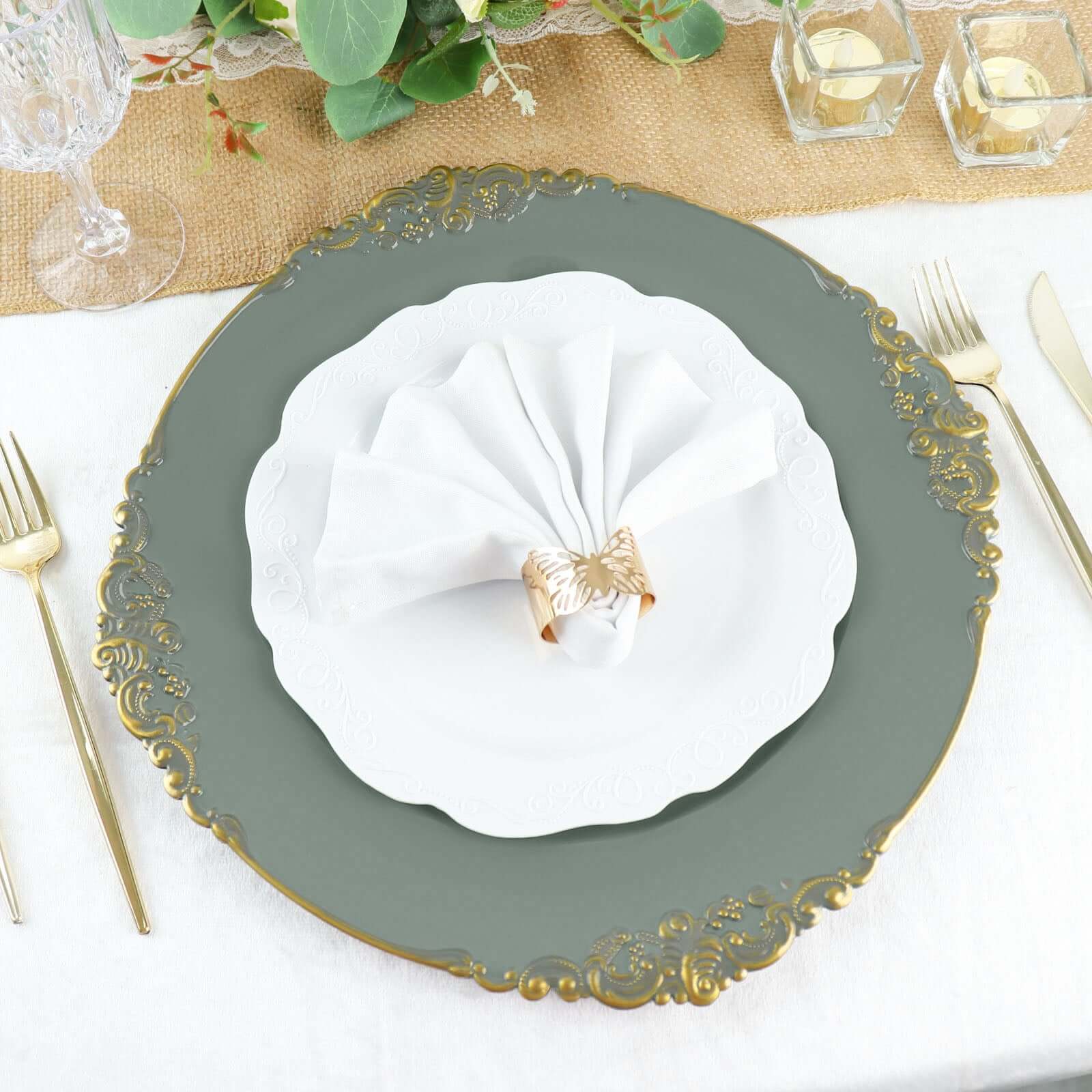 6 - Pack Acrylic Round Charger Plates 13" in Olive Green with Gold Embossed Baroque Rim, Antique Decorative Dinner Party Charger Tableware - Bell Racket Store
