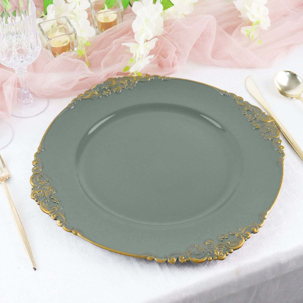6 - Pack Acrylic Round Charger Plates 13" in Olive Green with Gold Embossed Baroque Rim, Antique Decorative Dinner Party Charger Tableware - Bell Racket Store