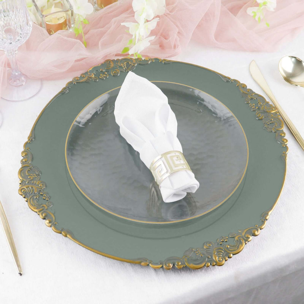 6 - Pack Acrylic Round Charger Plates 13" in Olive Green with Gold Embossed Baroque Rim, Antique Decorative Dinner Party Charger Tableware - Bell Racket Store