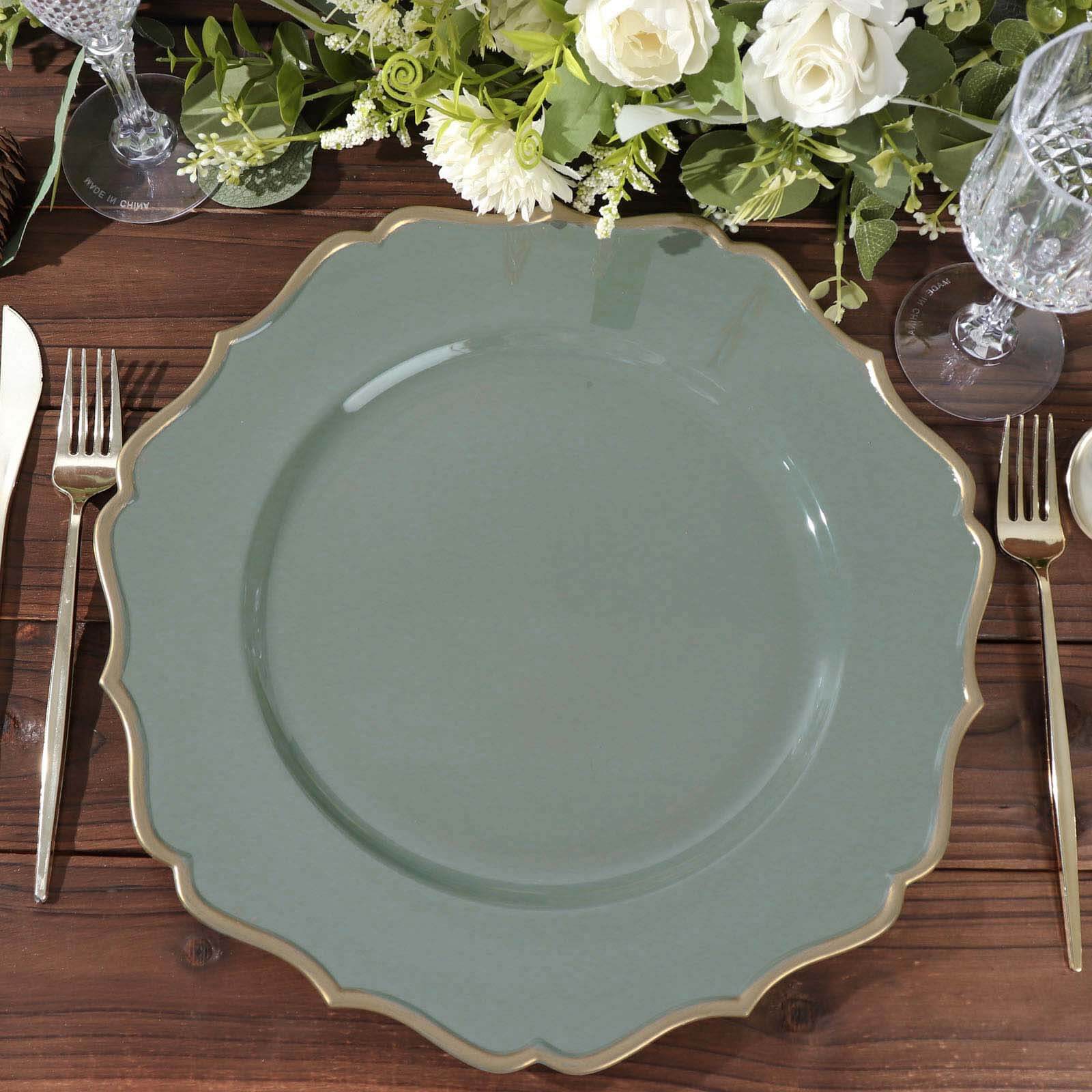 6 - Pack Acrylic Round Charger Plates 13" in Olive Green with Gold Scalloped Rim, Decorative Dinner Party Plastic Charger Tableware - Bell Racket Store