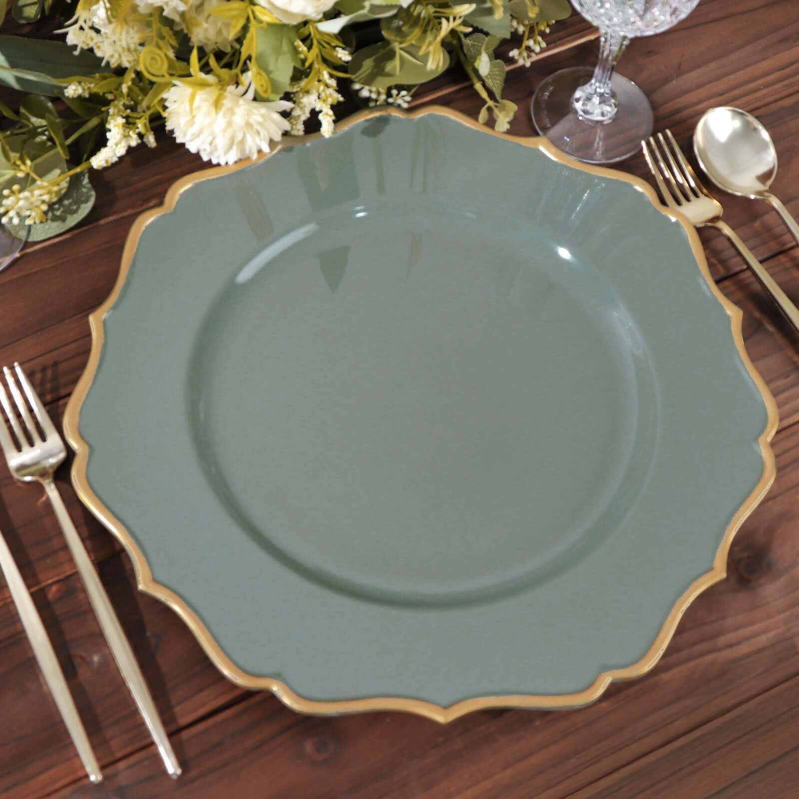 6 - Pack Acrylic Round Charger Plates 13" in Olive Green with Gold Scalloped Rim, Decorative Dinner Party Plastic Charger Tableware - Bell Racket Store