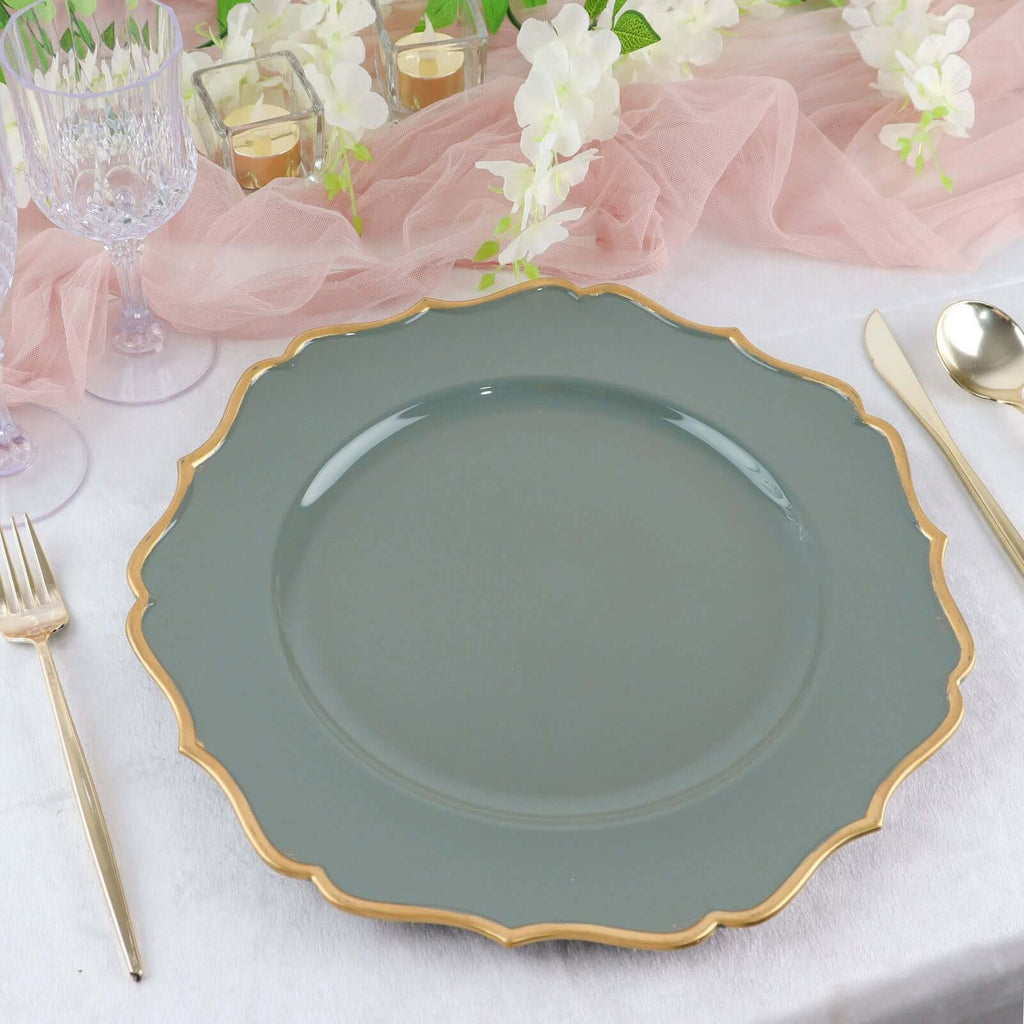 6 - Pack Acrylic Round Charger Plates 13" in Olive Green with Gold Scalloped Rim, Decorative Dinner Party Plastic Charger Tableware - Bell Racket Store