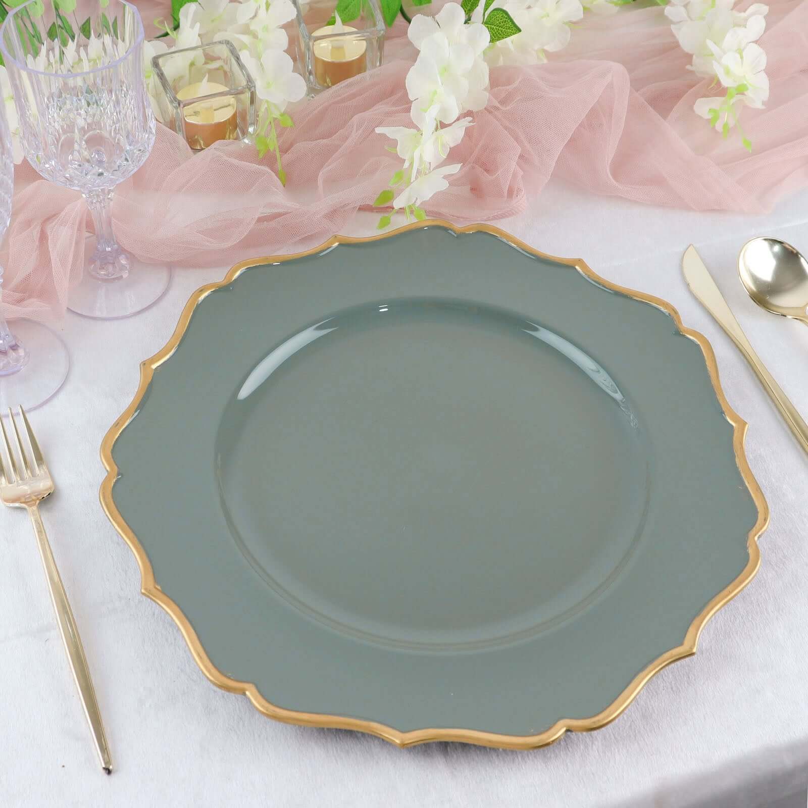 6 - Pack Acrylic Round Charger Plates 13" in Olive Green with Gold Scalloped Rim, Decorative Dinner Party Plastic Charger Tableware - Bell Racket Store