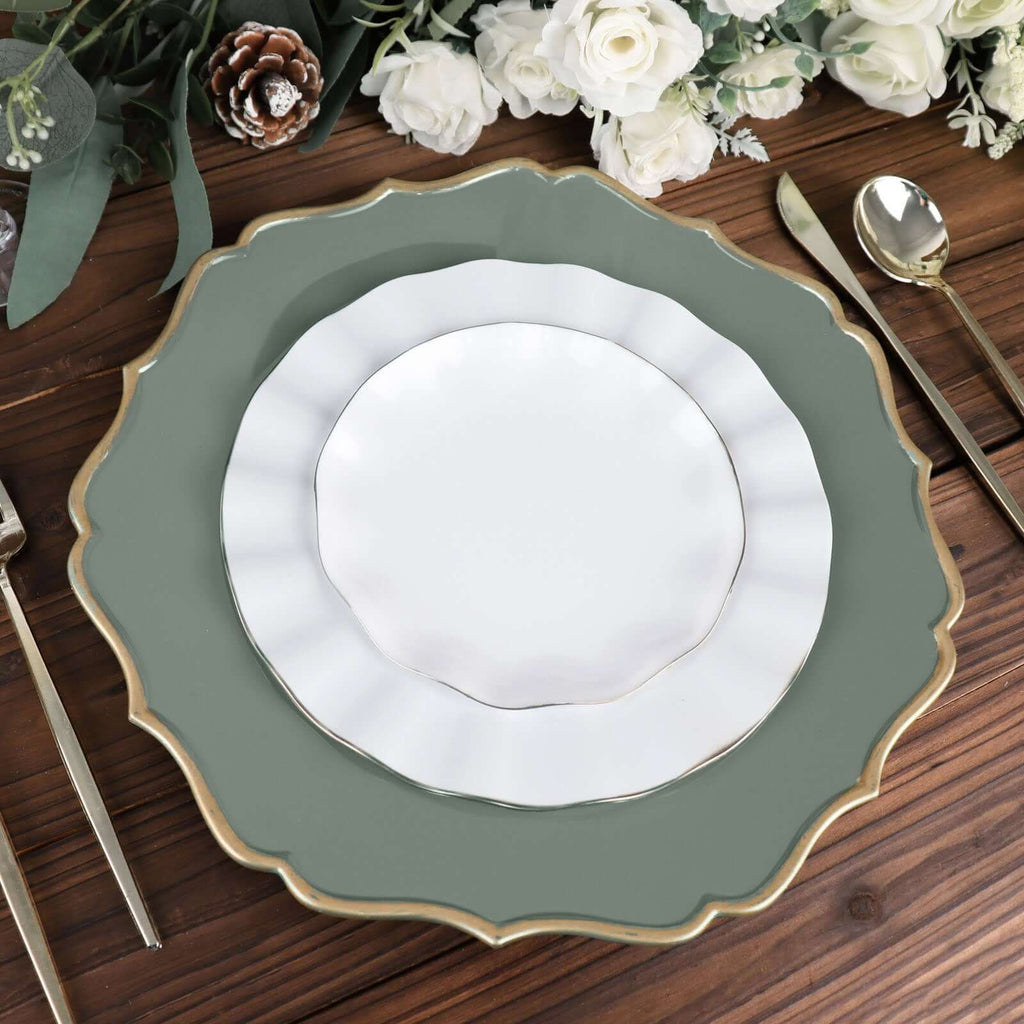 6 - Pack Acrylic Round Charger Plates 13" in Olive Green with Gold Scalloped Rim, Decorative Dinner Party Plastic Charger Tableware - Bell Racket Store