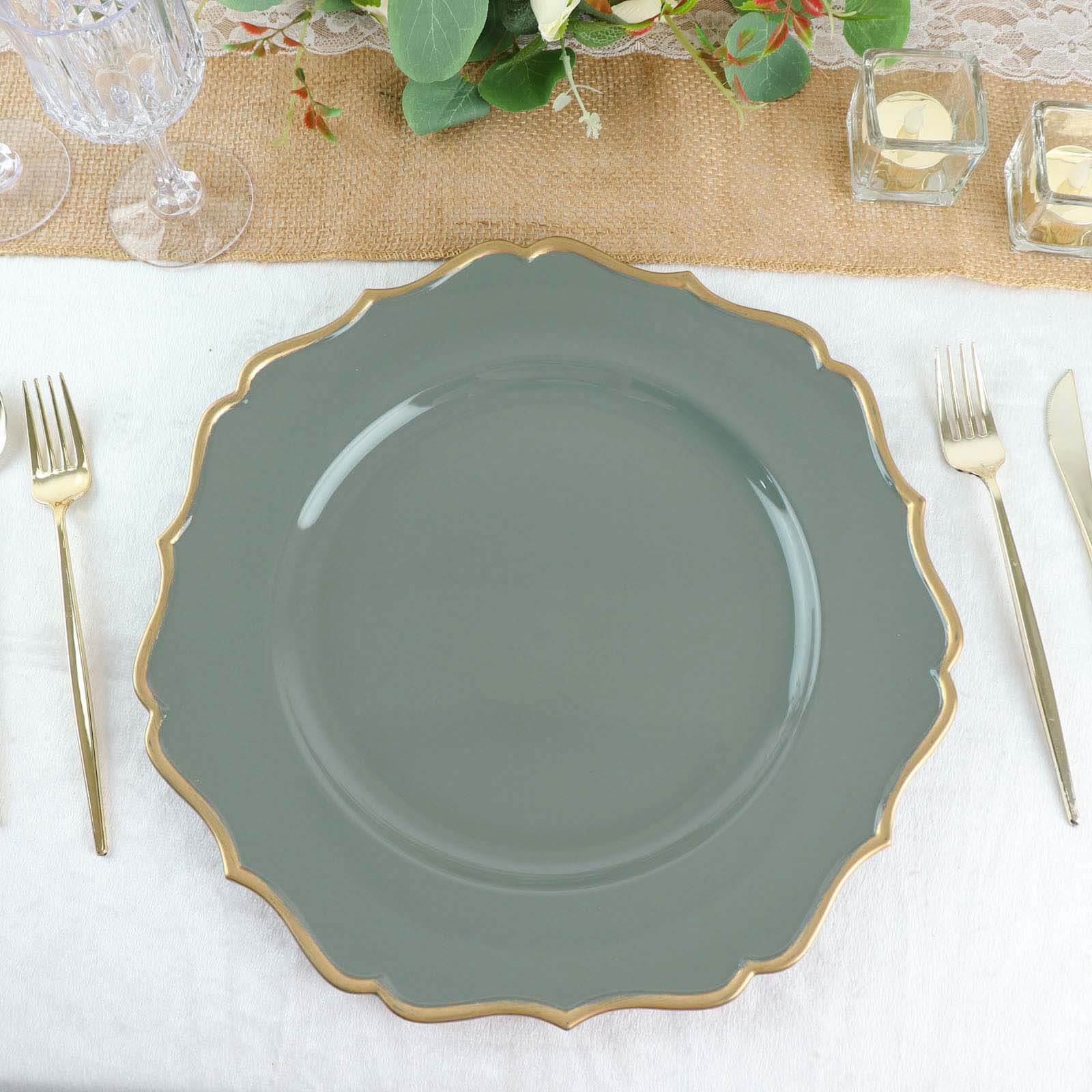 6 - Pack Acrylic Round Charger Plates 13" in Olive Green with Gold Scalloped Rim, Decorative Dinner Party Plastic Charger Tableware - Bell Racket Store