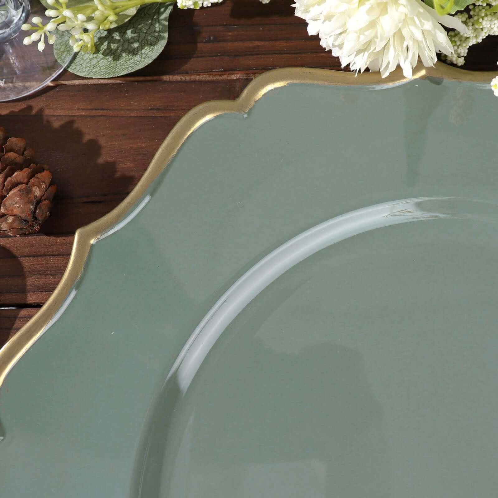6 - Pack Acrylic Round Charger Plates 13" in Olive Green with Gold Scalloped Rim, Decorative Dinner Party Plastic Charger Tableware - Bell Racket Store