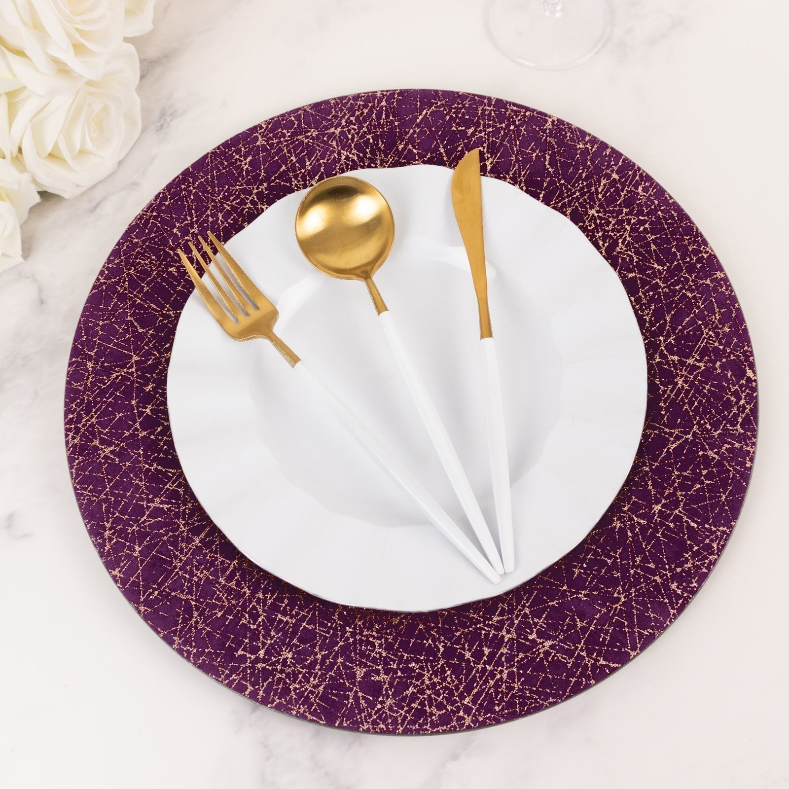 6 - Pack Acrylic Round Charger Plates 13" in Purple with Gold Glitter Abstract Lines Pattern, Decorative Dinner Party Charger Tableware - Bell Racket Store