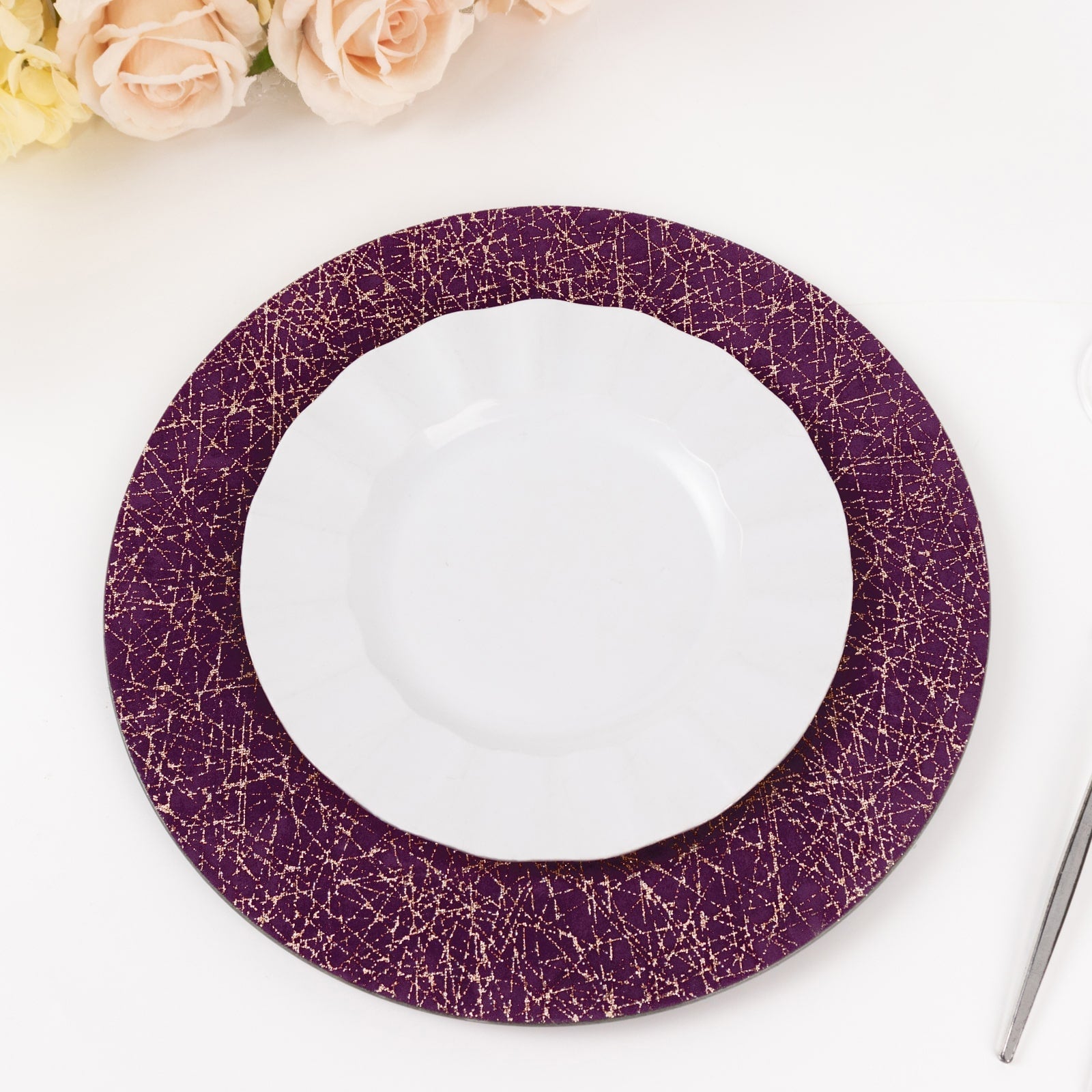 6 - Pack Acrylic Round Charger Plates 13" in Purple with Gold Glitter Abstract Lines Pattern, Decorative Dinner Party Charger Tableware - Bell Racket Store
